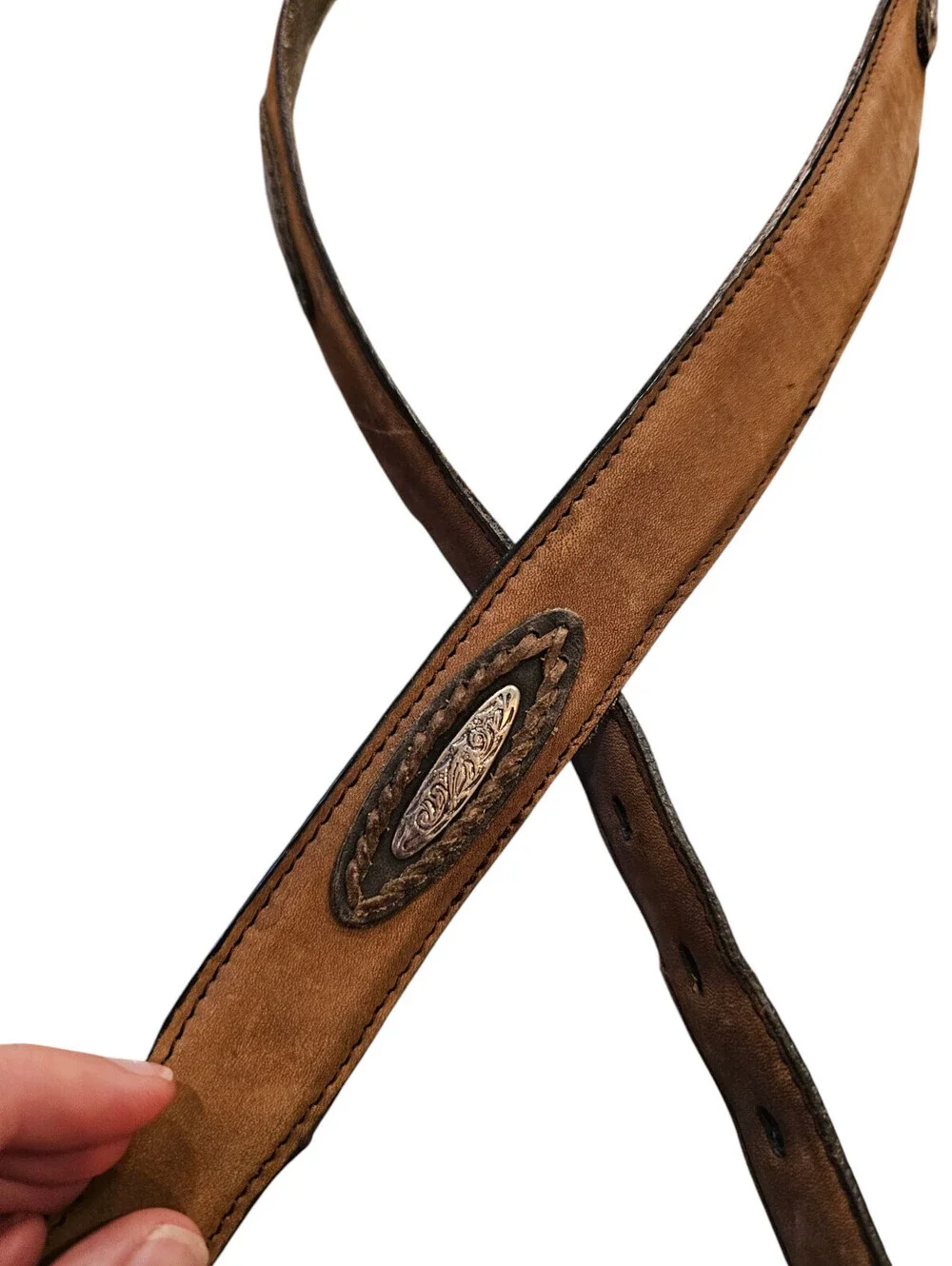 Vtg brown leather western concho belt engraved silver-tone oval conchos Sz L